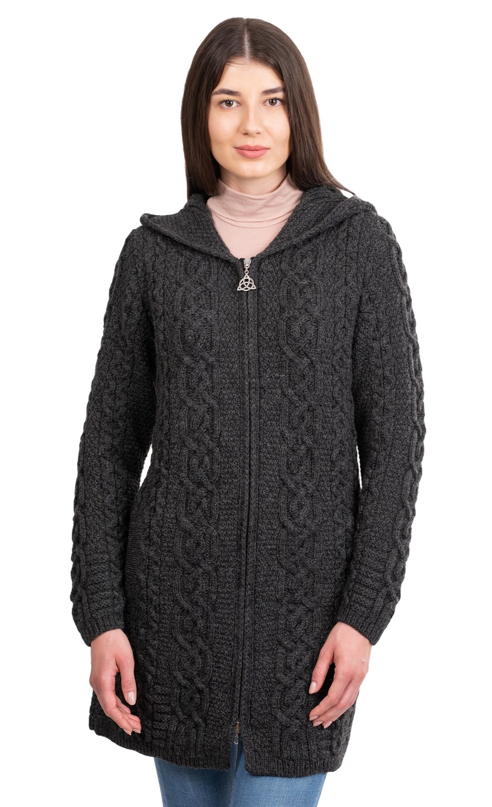 Ladies Irish Merino Wool Cardigan Hooded Honeycomb Cable Knit Trinity Knot Zip