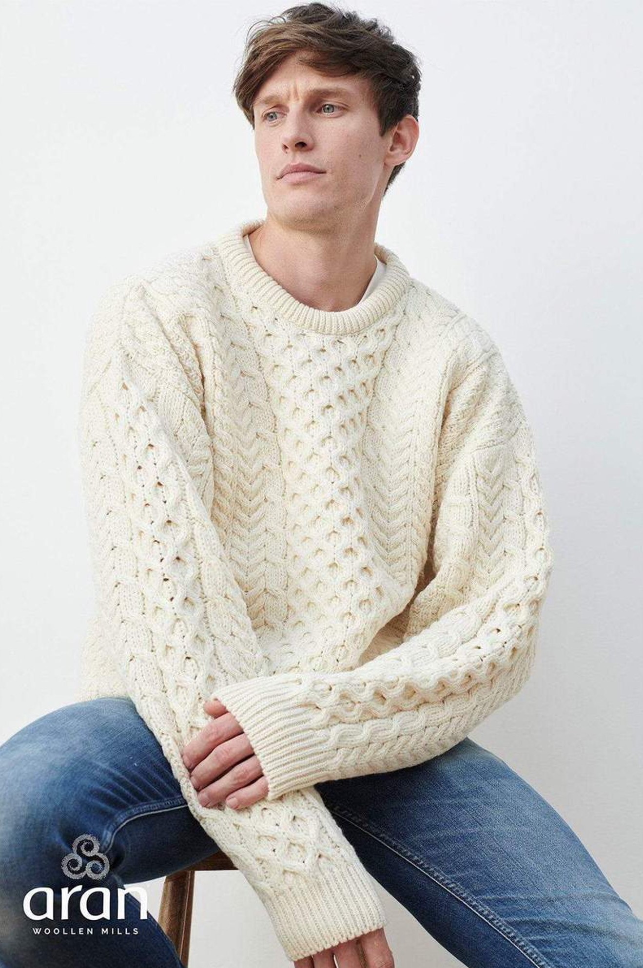 Merino Wool Sweater Irish Aran Woollen Mills Honeycomb Knit Crew Neck Pullover