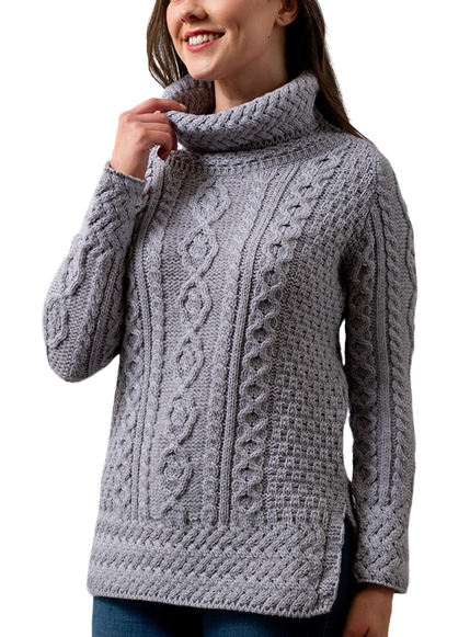 Aran Merino Wool Sweater Irish Cable Knit Women's Gray Roll Neck Pullover