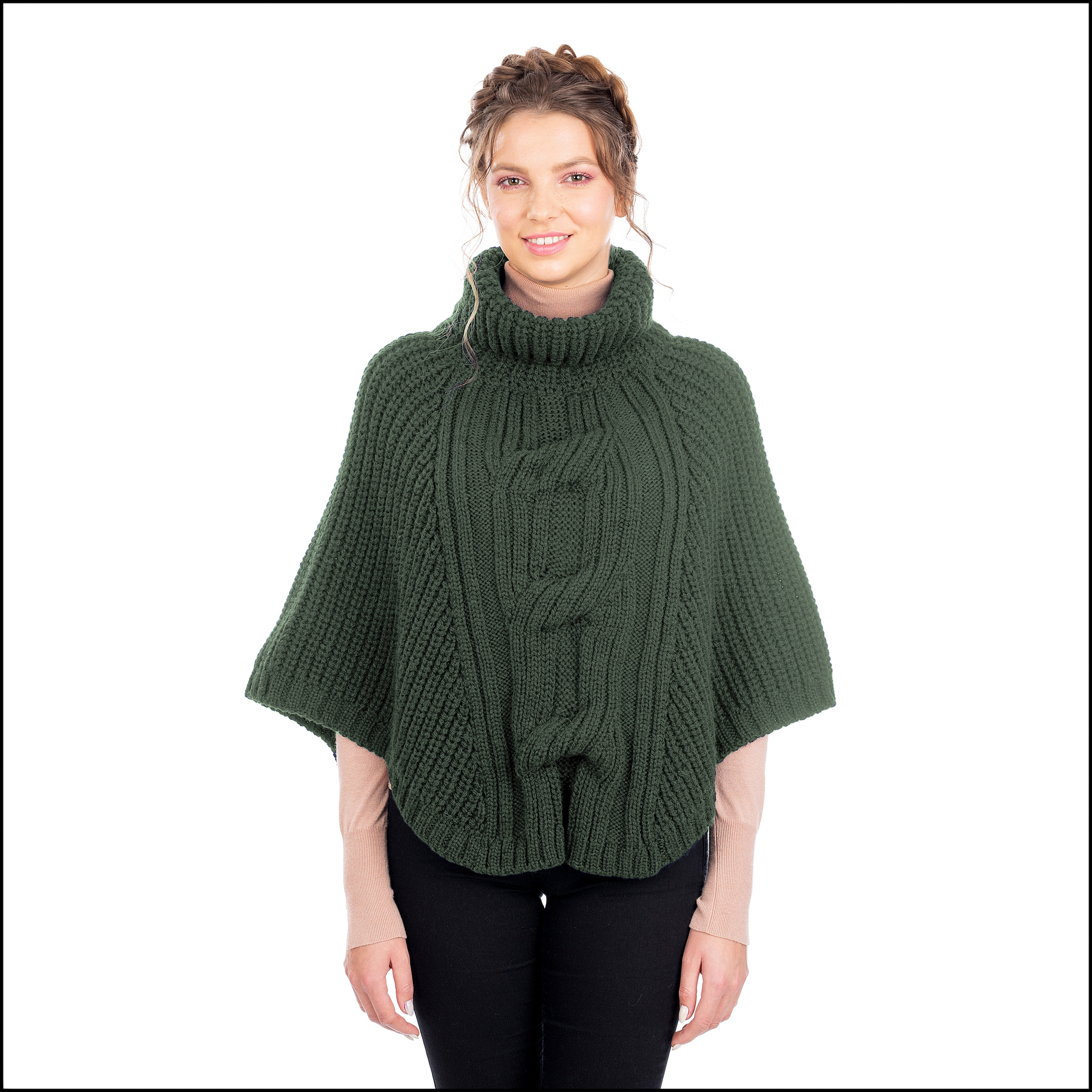Irish Wool Cape SAOL Aran Cable Knit Cowl Neck Poncho Merino Wool Warm Green