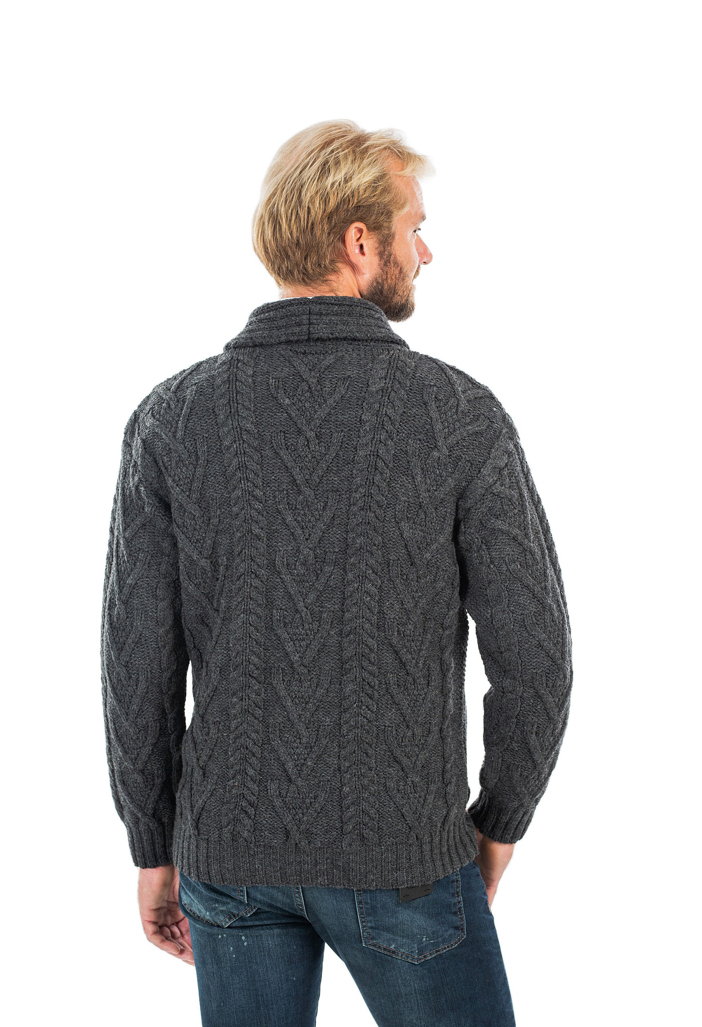 SAOL Mens Irish Merino Wool Cardigan Shawl Collar Front Pockets Aran
