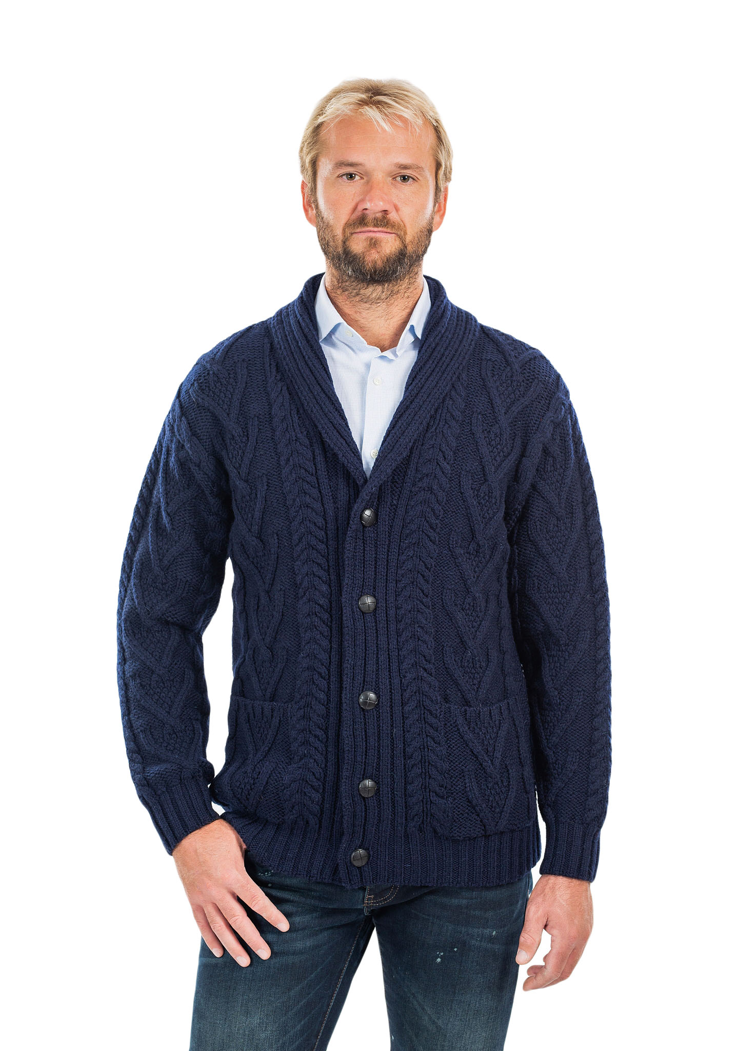 SAOL Mens Irish Merino Wool Cardigan Shawl Collar Front Pockets Aran
