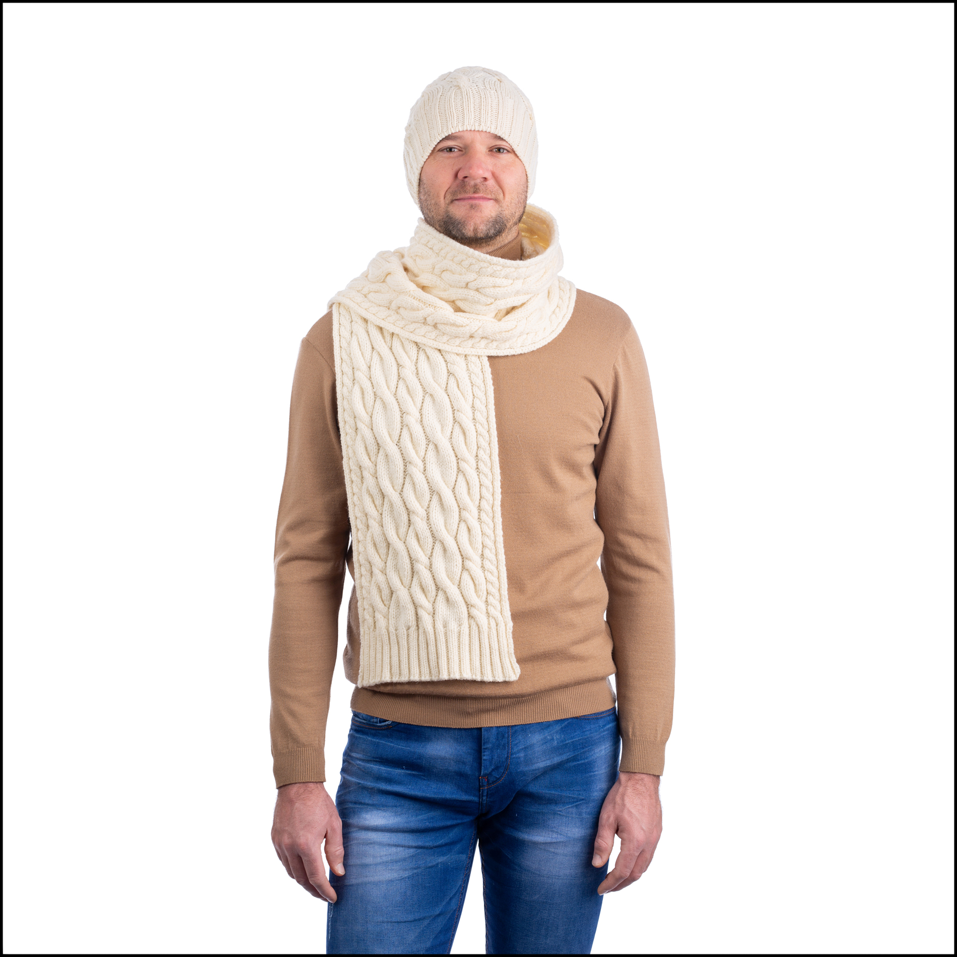 Irish Wool Scarf SAOL Traditional Aran Cable Knit Scarf Merino Wool