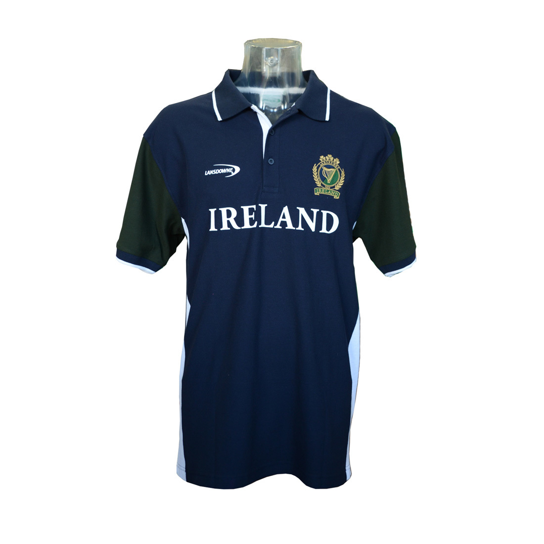 Emerald Green and Navy Striped Polo Shirt With Shamrock Crest Design