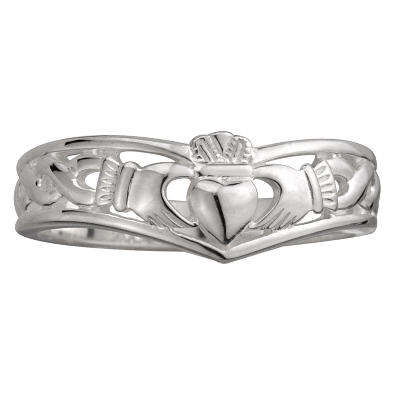 Women Sterling Silver Claddagh Wishbone Ring Crown & Heart Design 10mm Height