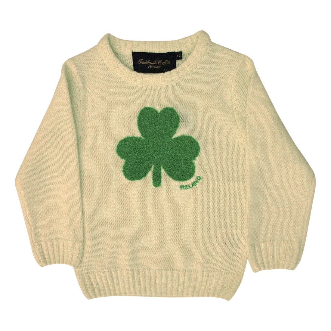 Kids Jumper Cream Knit Emerald Shamrock Traditional Aran Sweater
