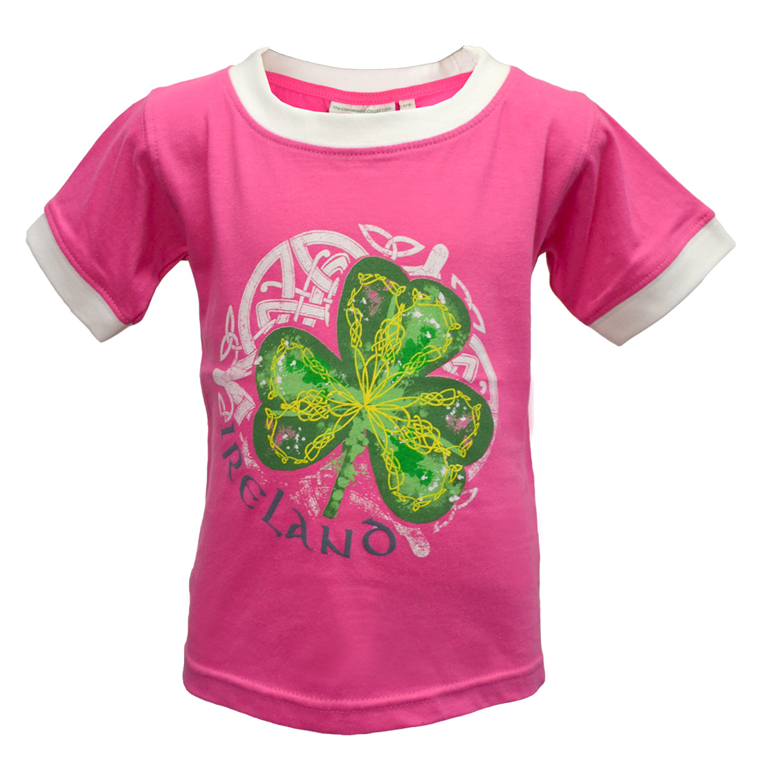 Girls Pink T-shirt Short Sleeve Green Shamrock Motif Celtic Knot Design Ireland