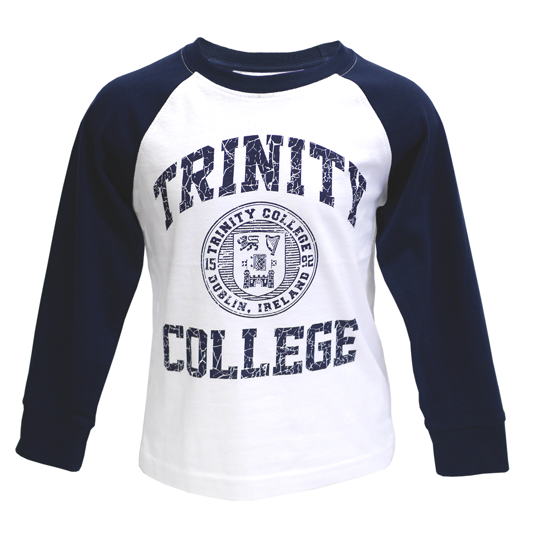 Kids Shirt Top White and Navy Trinity College Seal Long Sleeve, Irish Gift