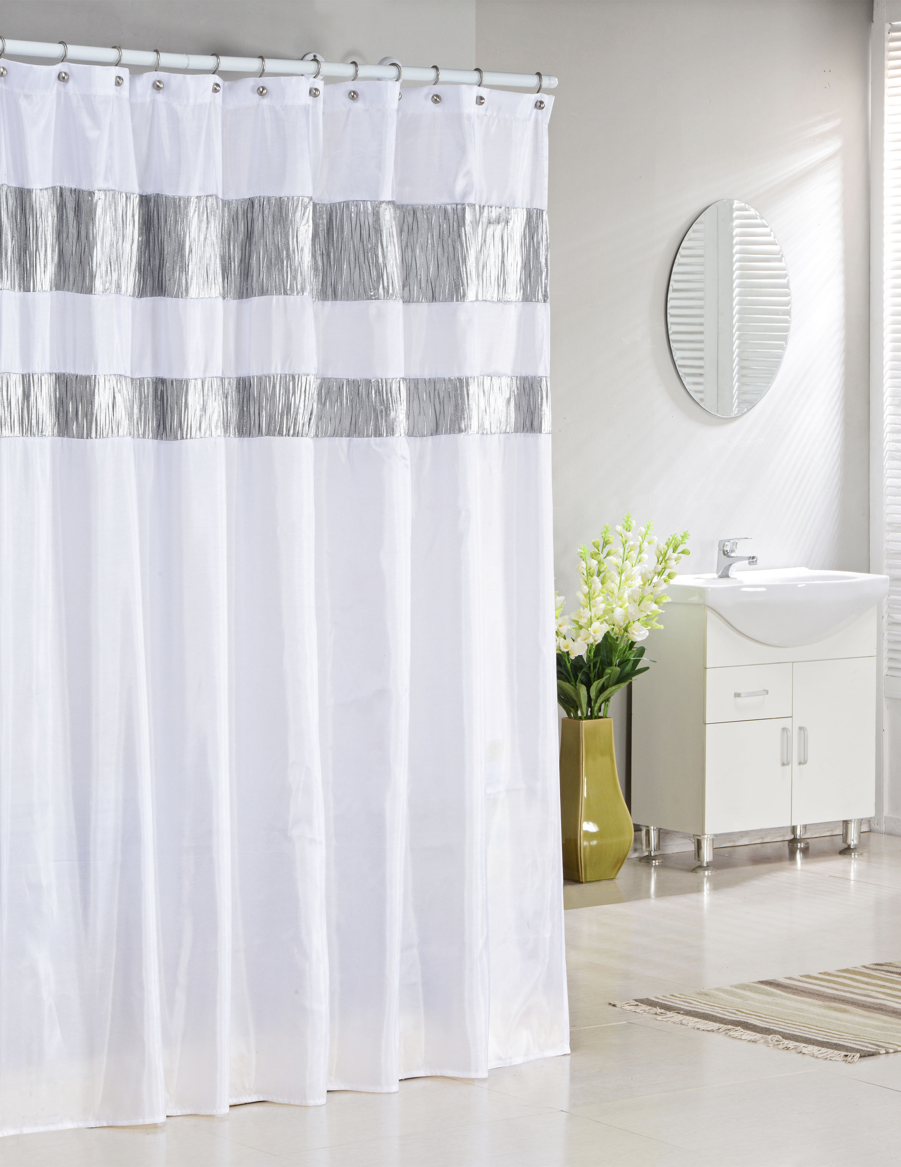 Pure White Fabric Shower Curtain With Silver Metallic Accent Stripes Pure White Fabric Shower Curtain With Silver Metallic