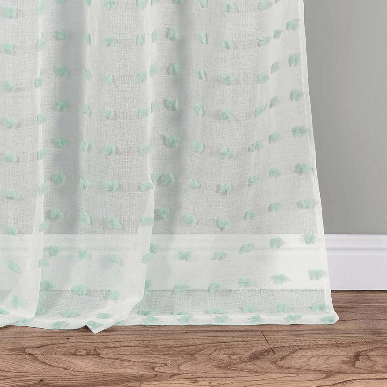 2 Sheer Grommet Window Curtain Panels White With Mint Tufts 76w X Picture 3 Of 2 Sheer Grommet Window Curtain