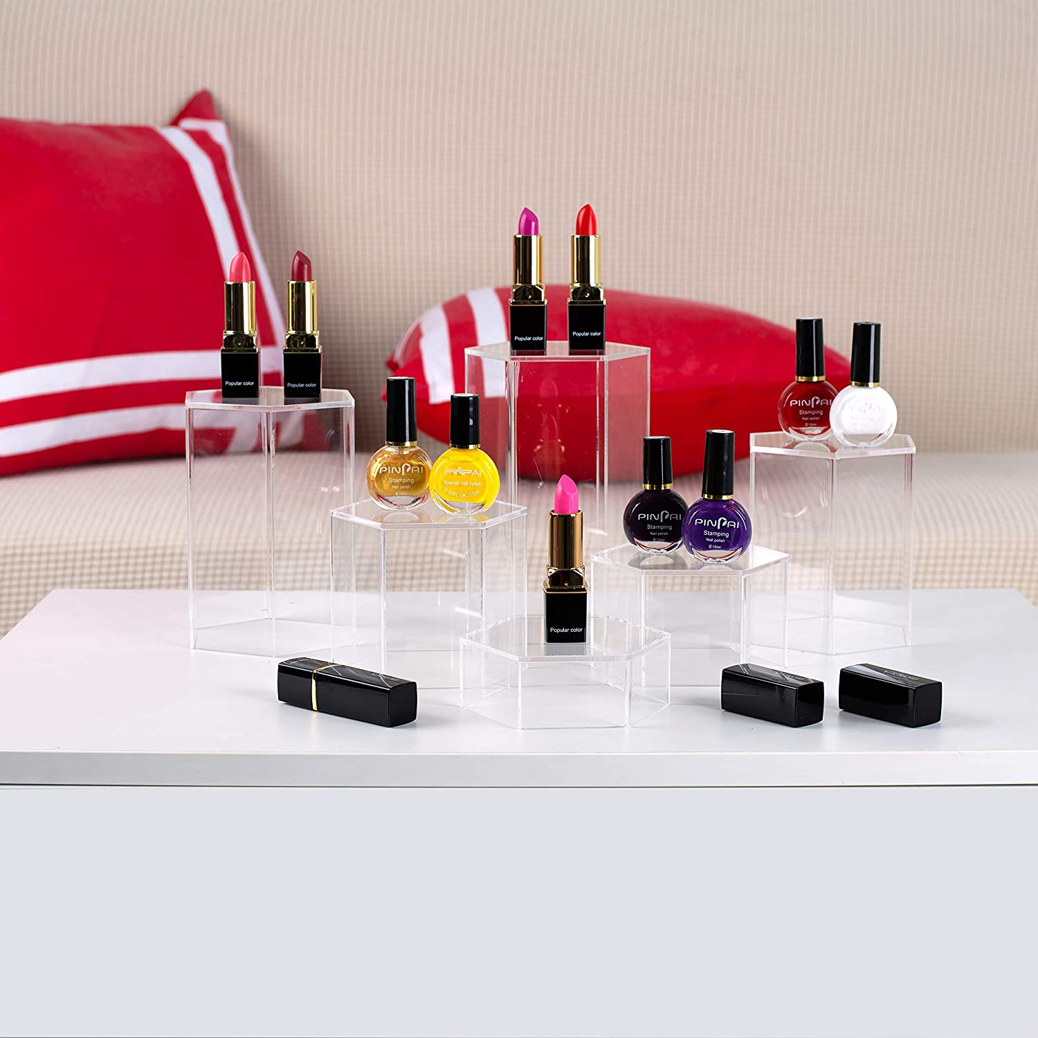 Set of 6 Hexagonal Acrylic Showcase Pedestal Display Riser Stands