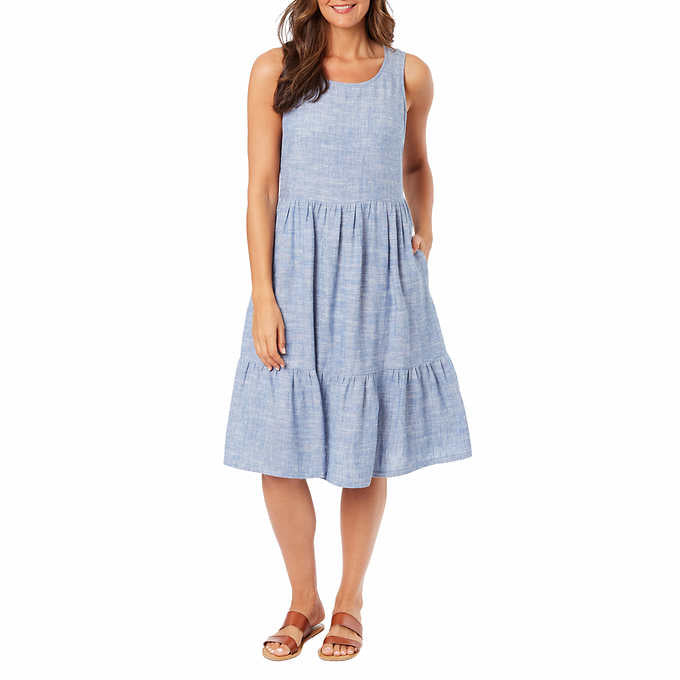 chinese dress ladies Briggs New York Tiered Linen Blend Dress, Sleeveless, Gray Stripe, Size XS  at Amazon Women's Clothing store