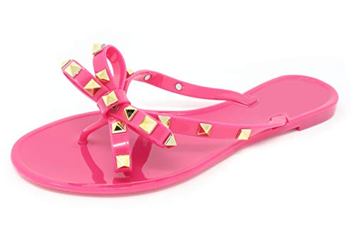 Womens Studded Jelly Flip Flops Sandals with Bow - Picture 2 of 20
