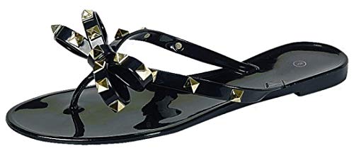 Womens Studded Jelly Flip Flops Sandals with Bow - Picture 3 of 20