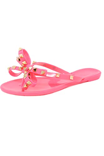 Womens Studded Jelly Flip Flops Sandals with Bow - Picture 13 of 20