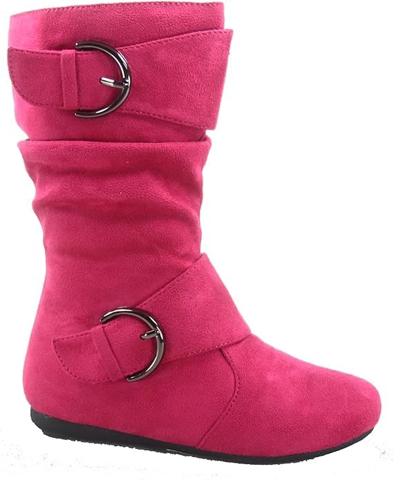 Girl's Kid's Faux Suede Two Buckle Zipper Flat Heel Mid Calf Slouchy Boot - Picture 7 of 10
