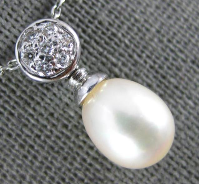 ESTATE .17CT DIAMOND & AAA SOUTH SEA PEARL 18K WHITE GOLD 3D DROP PENDANT #11930 main product image