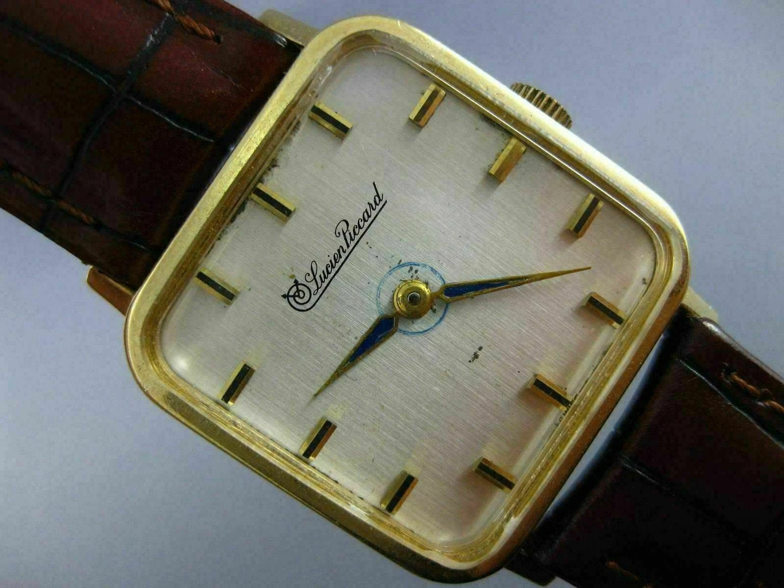 ANTIQUE LUCIEN PICCARD 14KT YELLOW GOLD CLASSIC SQUARE LEATHER
