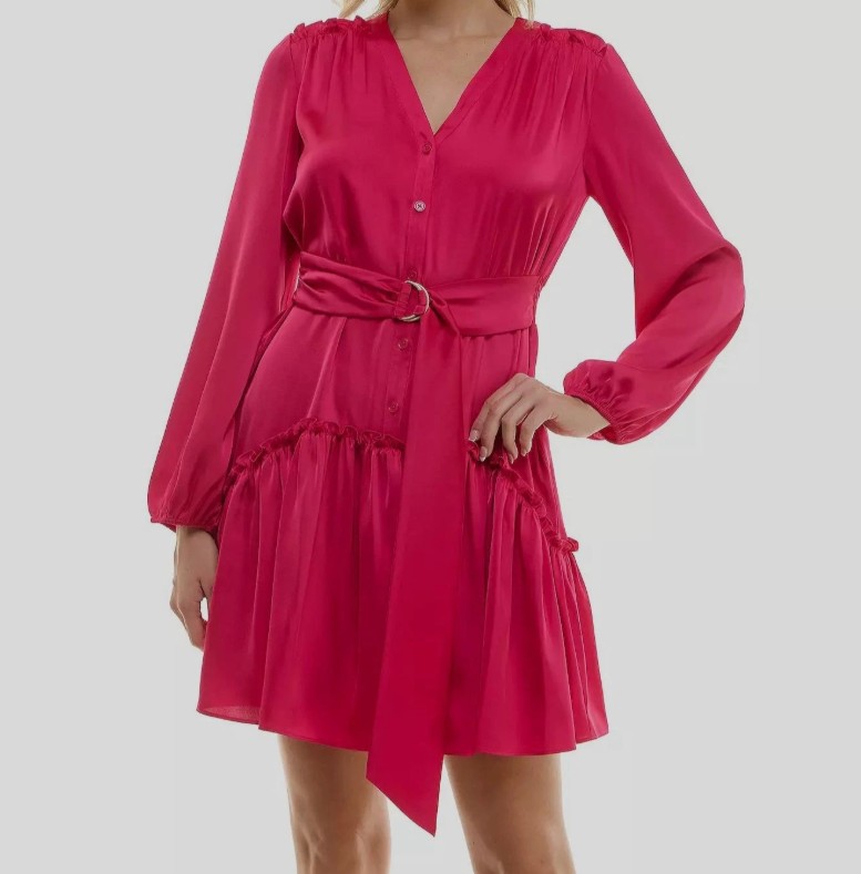 Taylor Women’s Ruffled-Hem Tie-Waist Fit & Flare Dress Bright Rose