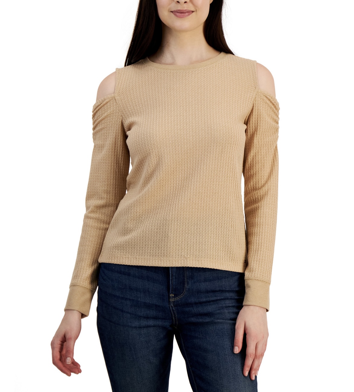 Tommy Hilfiger Women's Metallic Waffled Long Sleeve Cold-Shoulder Shirt Camel - Picture 10 of 15