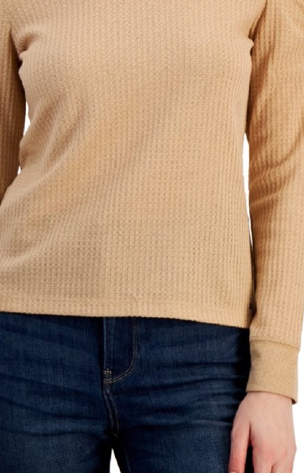 Tommy Hilfiger Women's Metallic Waffled Long Sleeve Cold-Shoulder Shirt Camel - Picture 9 of 15