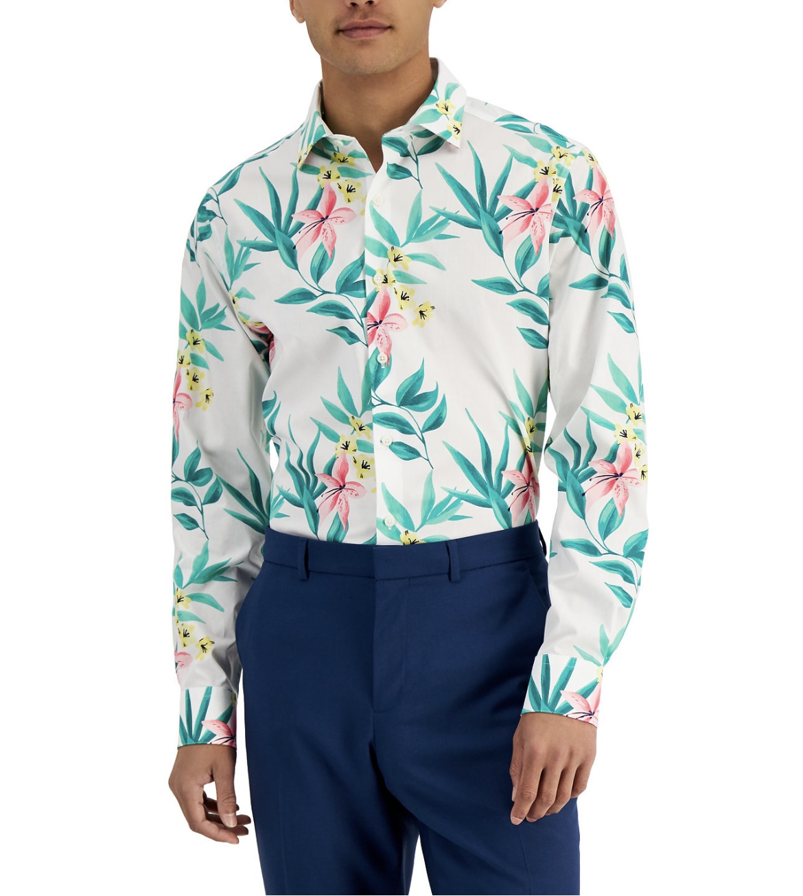 Bar III Men's Slim Fit Tropical-Print Dress Shirt White Green | eBay