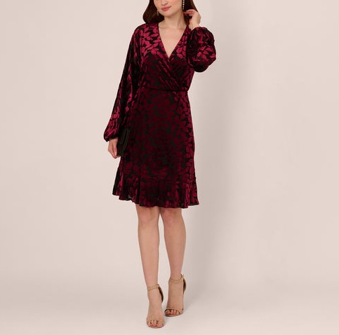 Adrianna Papell Women&rsquo;s Velvet Burnout Faux-Wrap Dress Burgundy Black
