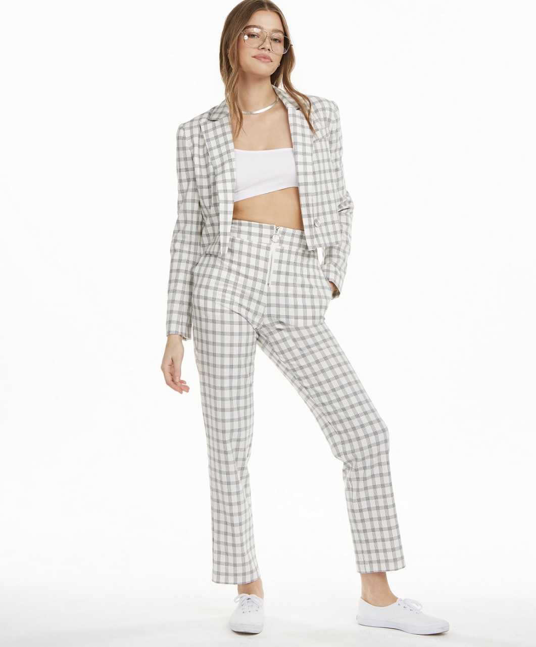 Danielle Bernstein Tuta Donna Cropped Separata Aperta Fronte Blazer Avorio Plaid - Foto 13 di 18