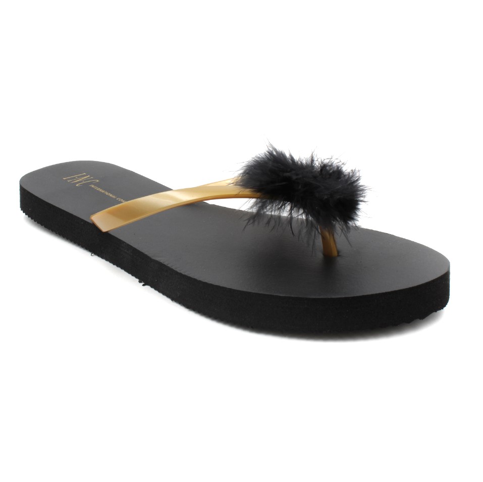 INC International Concepts Women's Thong Po-Pom Flip-Flops Sandals Black Gold - Picture 2 of 3