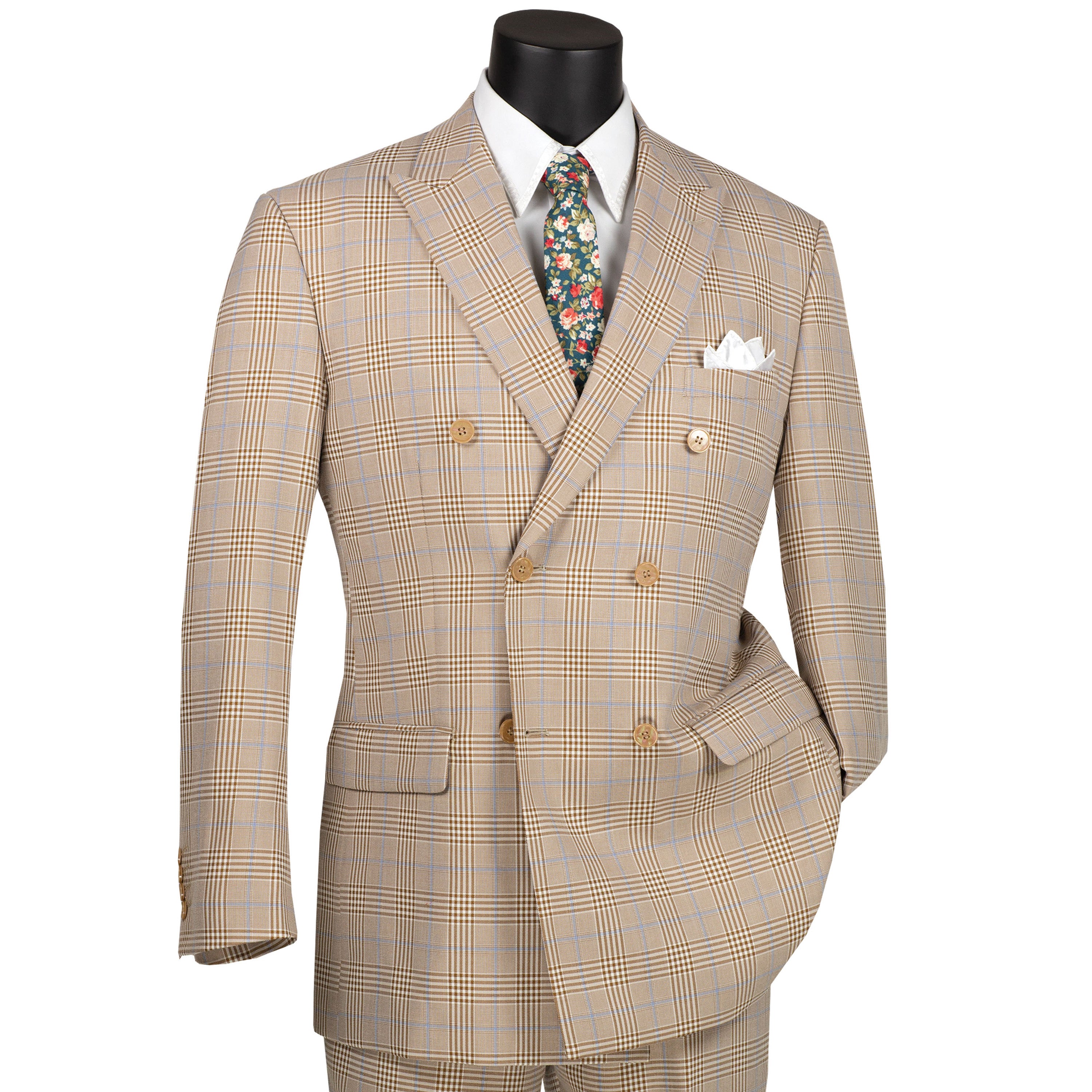VINCI Men's Beige Glen Plaid Double-Breasted 6-Button Classic Suit - NEW - Picture 55 of 105