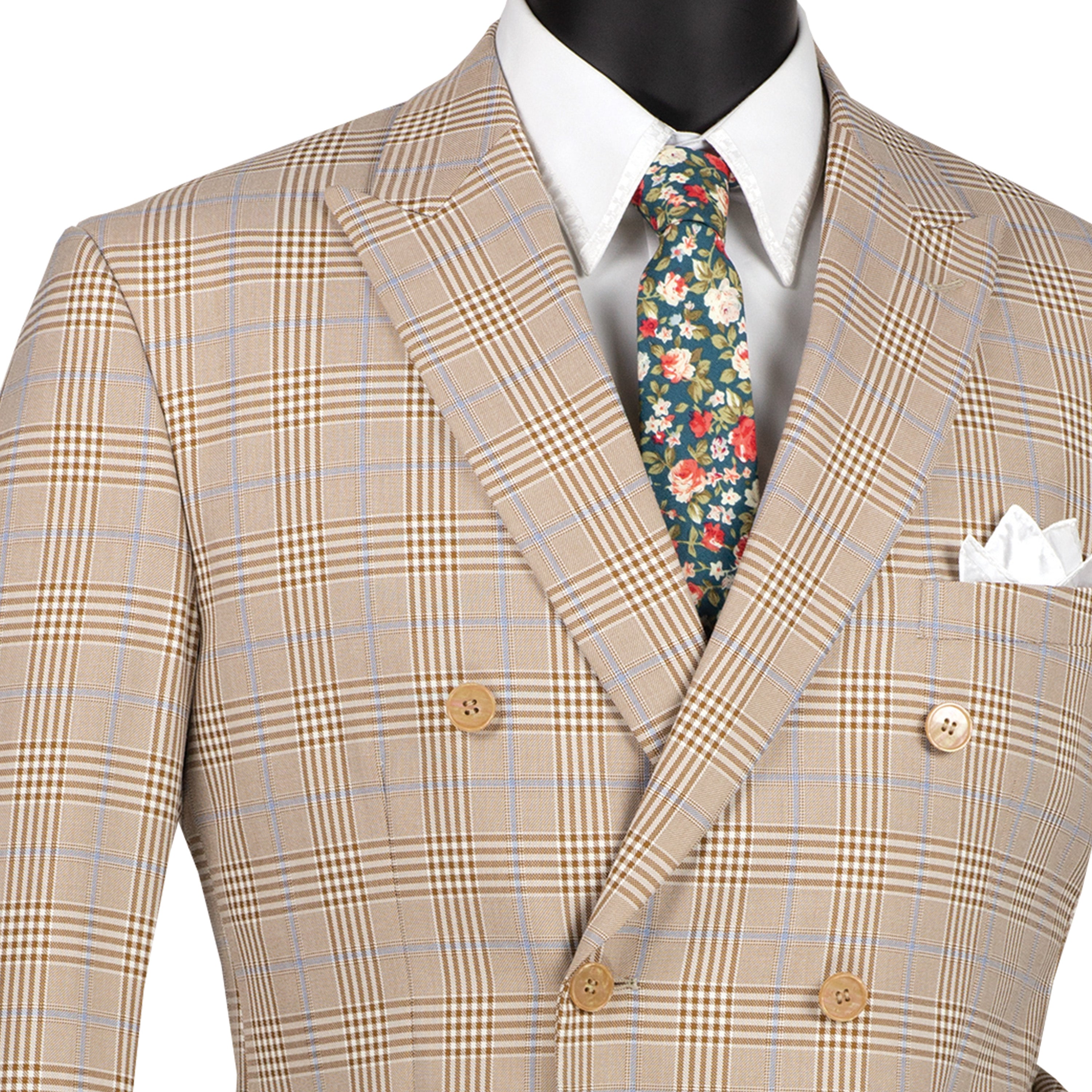 VINCI Men's Beige Glen Plaid Double-Breasted 6-Button Classic Suit - NEW - Picture 98 of 105