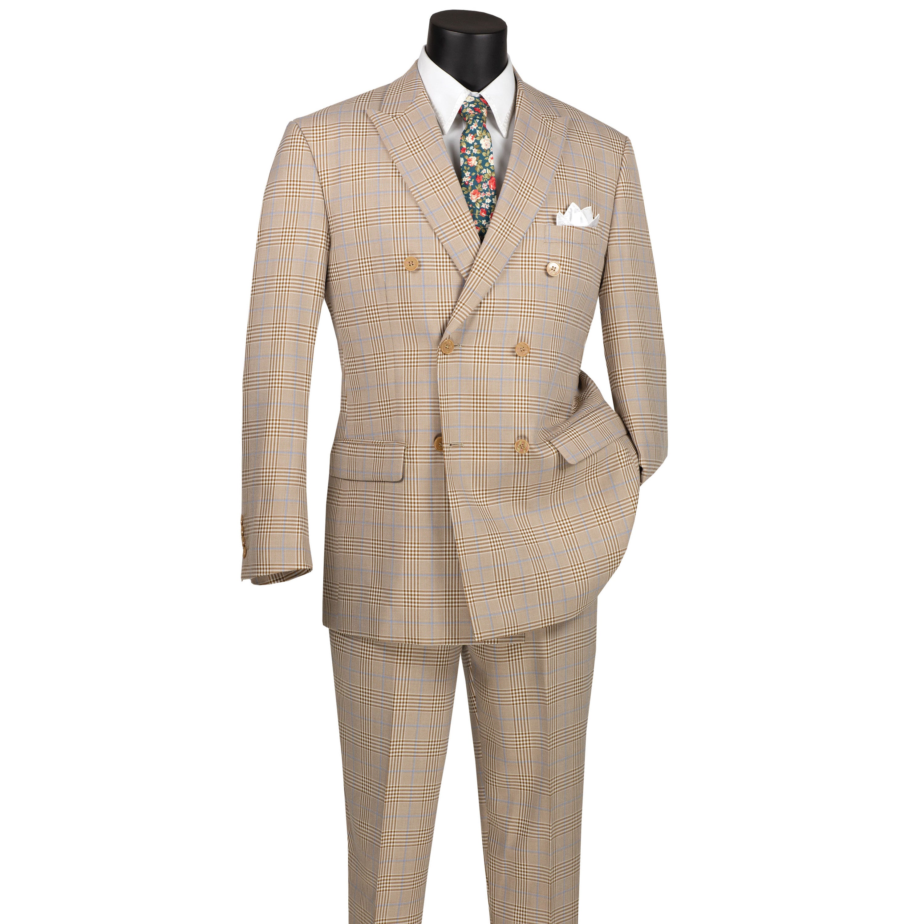 VINCI Men's Beige Glen Plaid Double-Breasted 6-Button Classic Suit - NEW - Picture 99 of 105