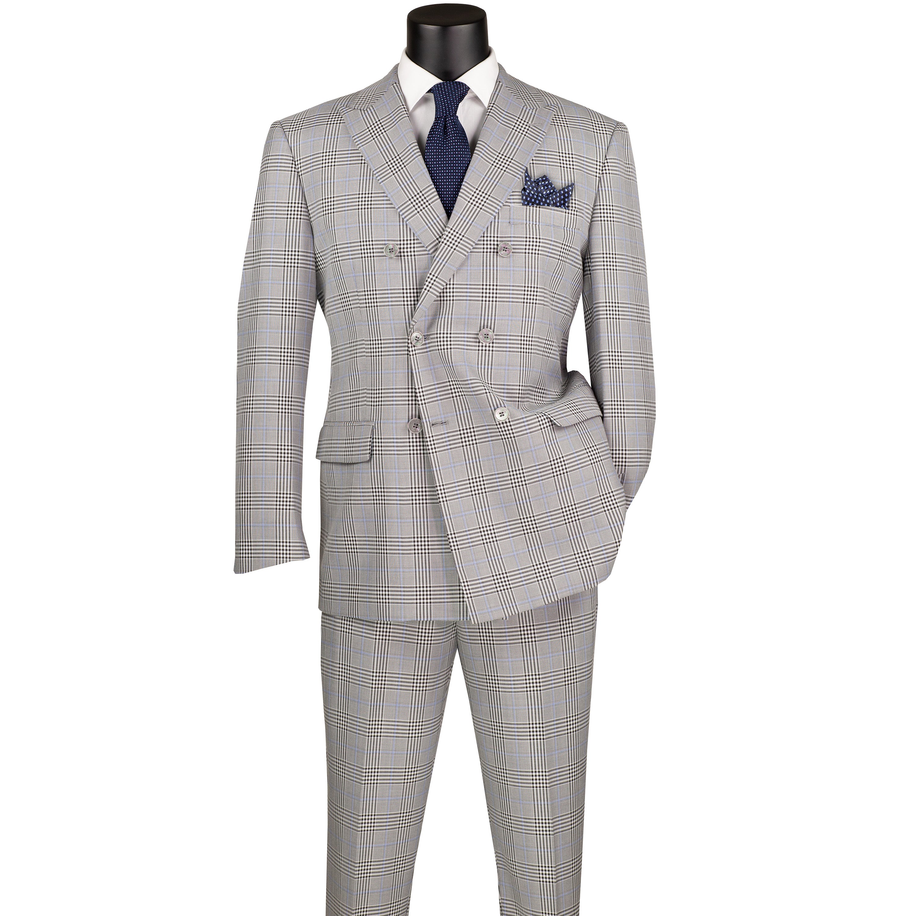 VINCI Men's Gray Glen Plaid Double-Breasted 6-Button Suit – 2-Piece Classic Fit