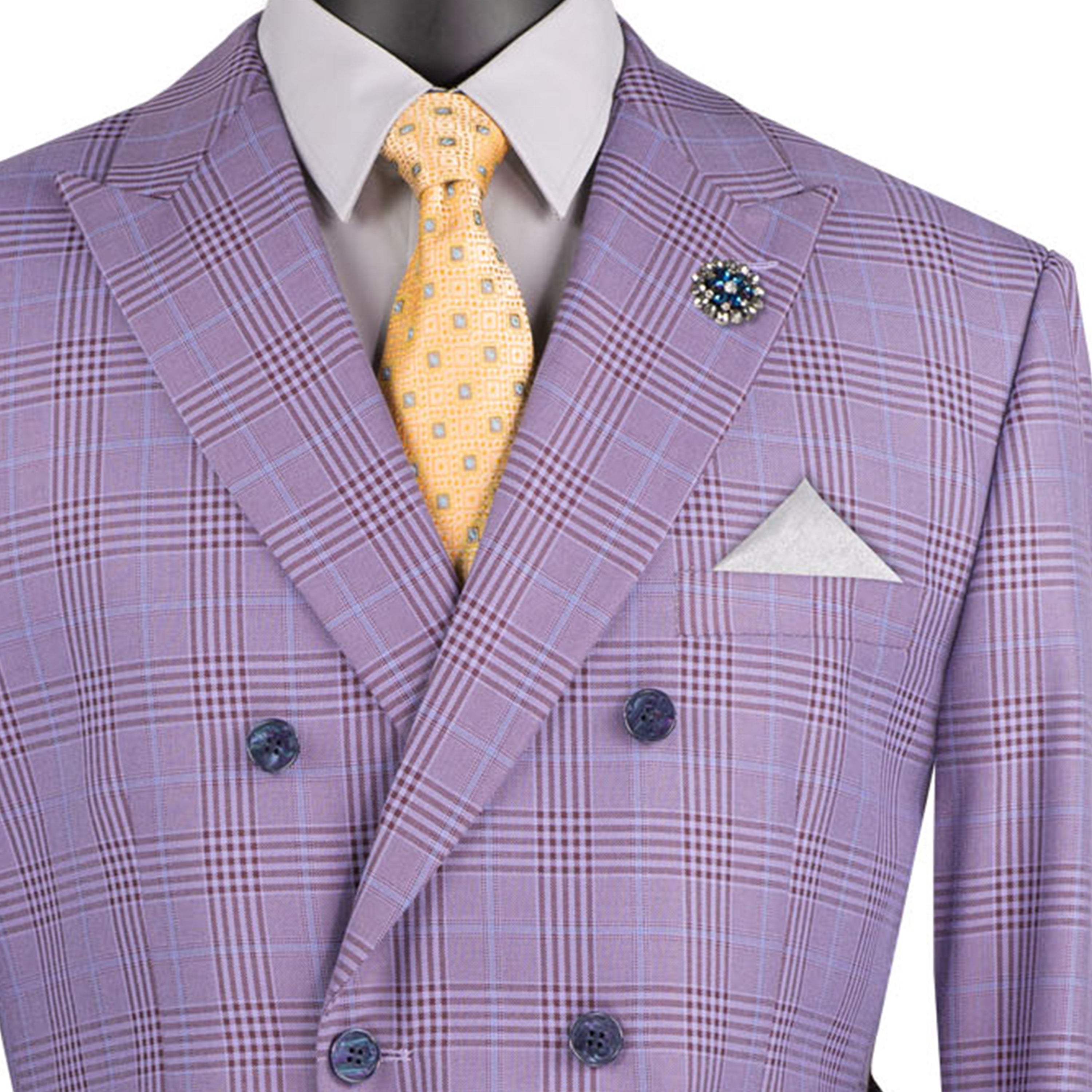 VINCI Men's Light Purple Glen Plaid Double-Breasted 6-Button Classic Suit - NEW - Picture 95 of 105