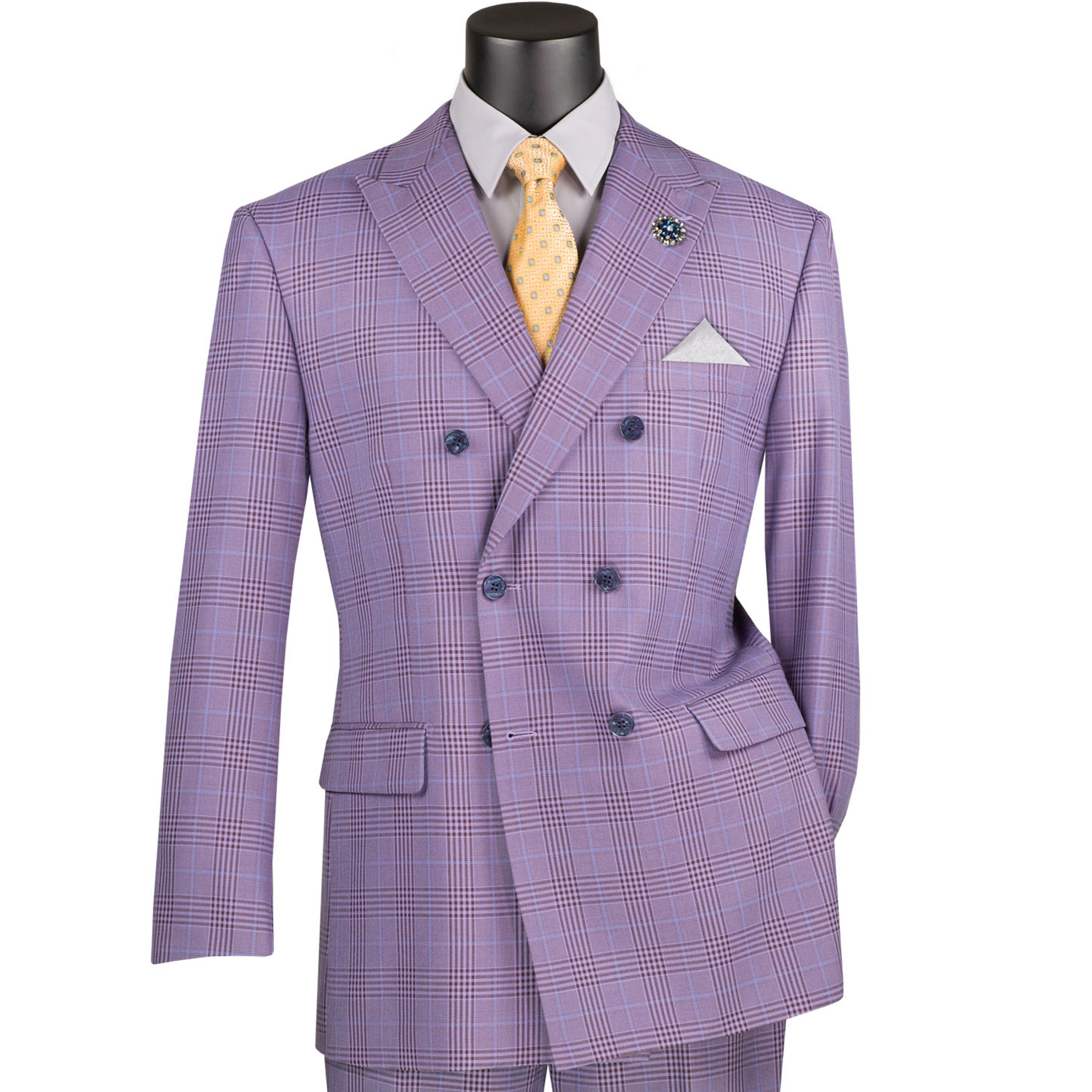 VINCI Men's Light Purple Glen Plaid Double-Breasted 6-Button Classic Suit - NEW - Picture 94 of 105