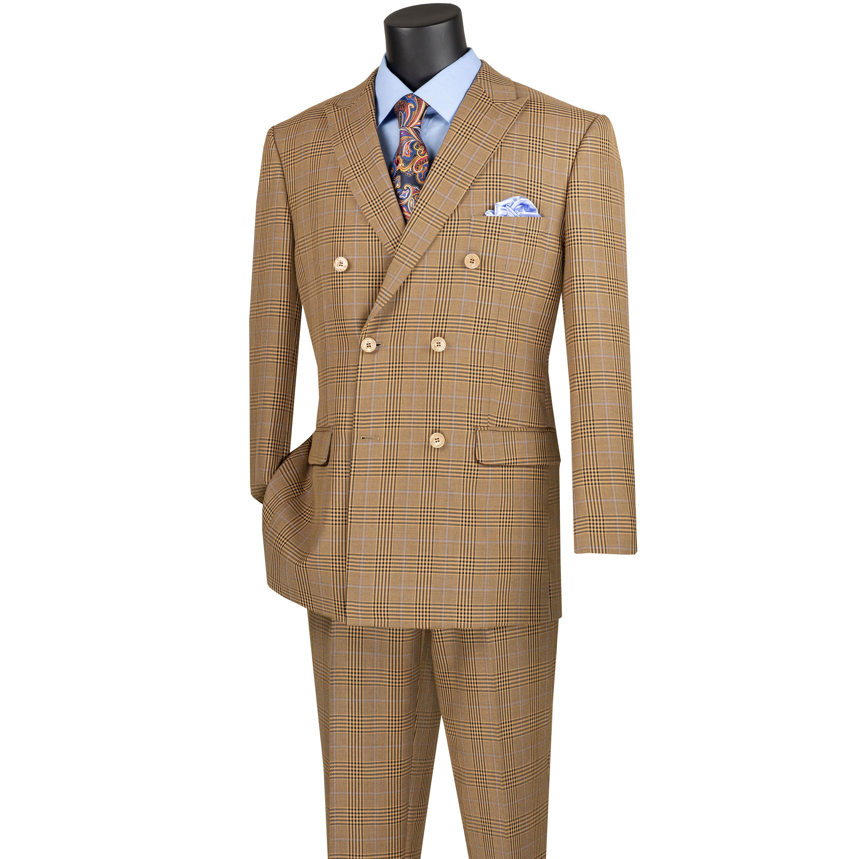 VINCI Men's Mocha Brown Glen Plaid Double-Breasted 6-Button Classic Suit - NEW - Picture 96 of 105