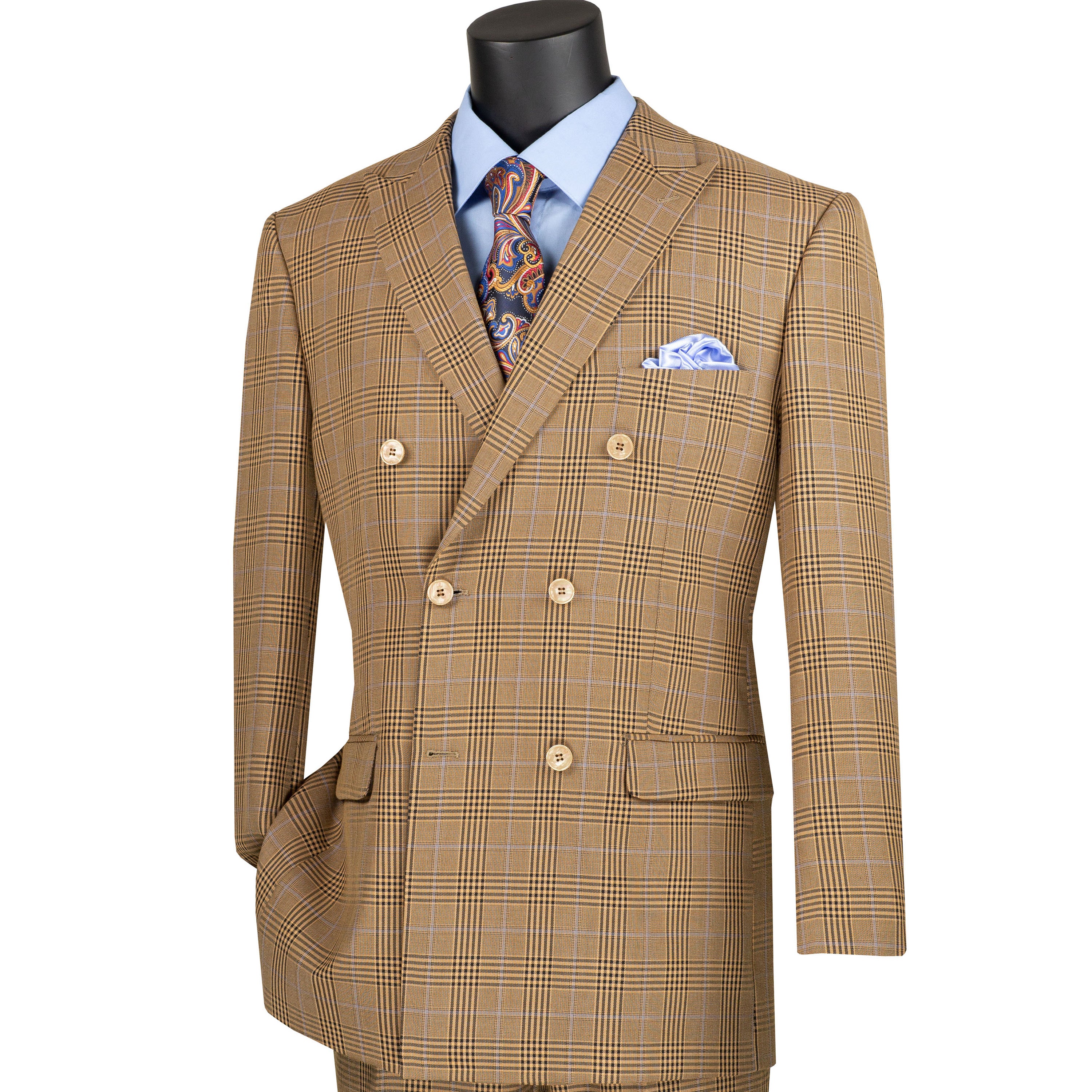 VINCI Men's Mocha Brown Glen Plaid Double-Breasted 6-Button Classic Suit - NEW - Picture 94 of 105