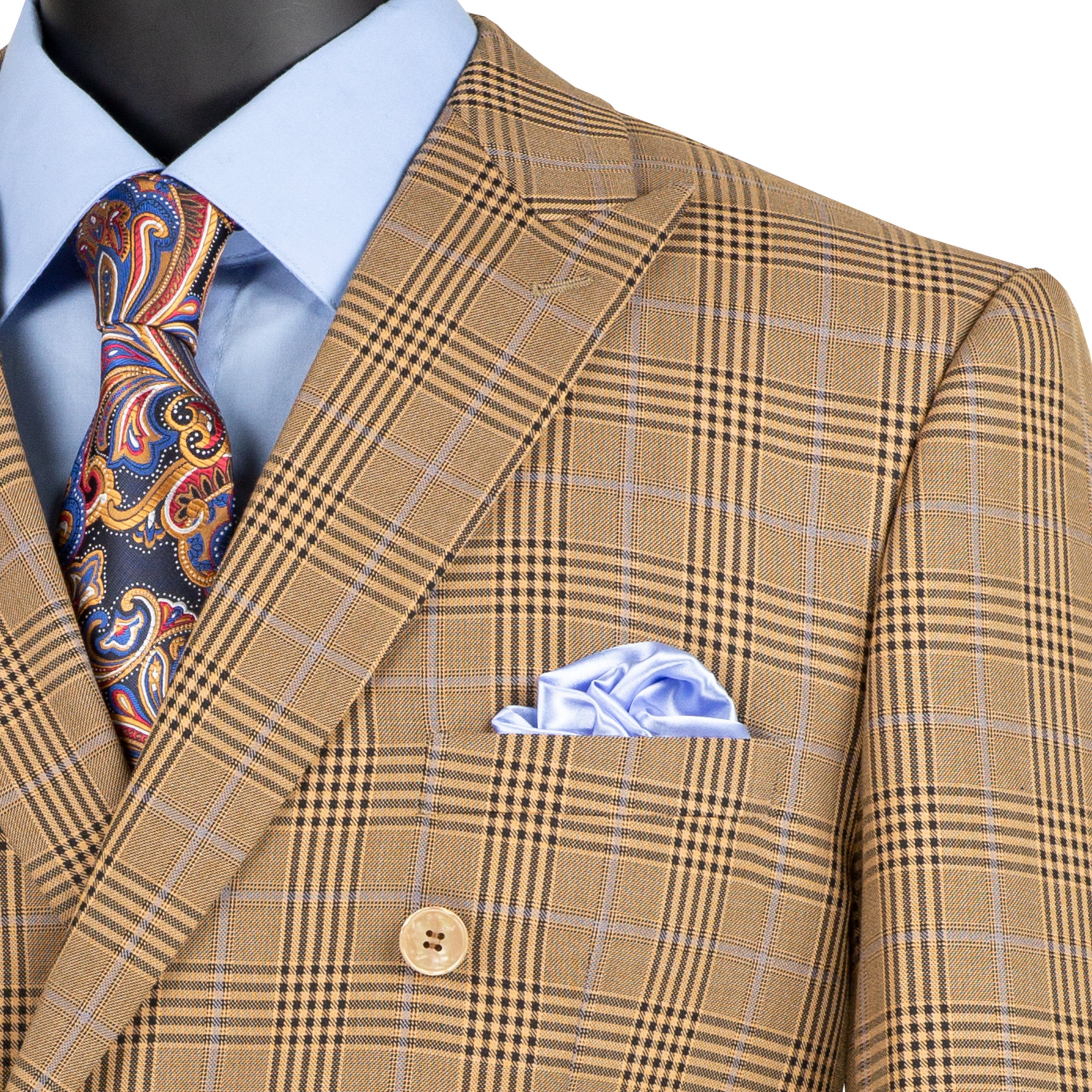 VINCI Men's Mocha Brown Glen Plaid Double-Breasted 6-Button Classic Suit - NEW - Picture 98 of 105