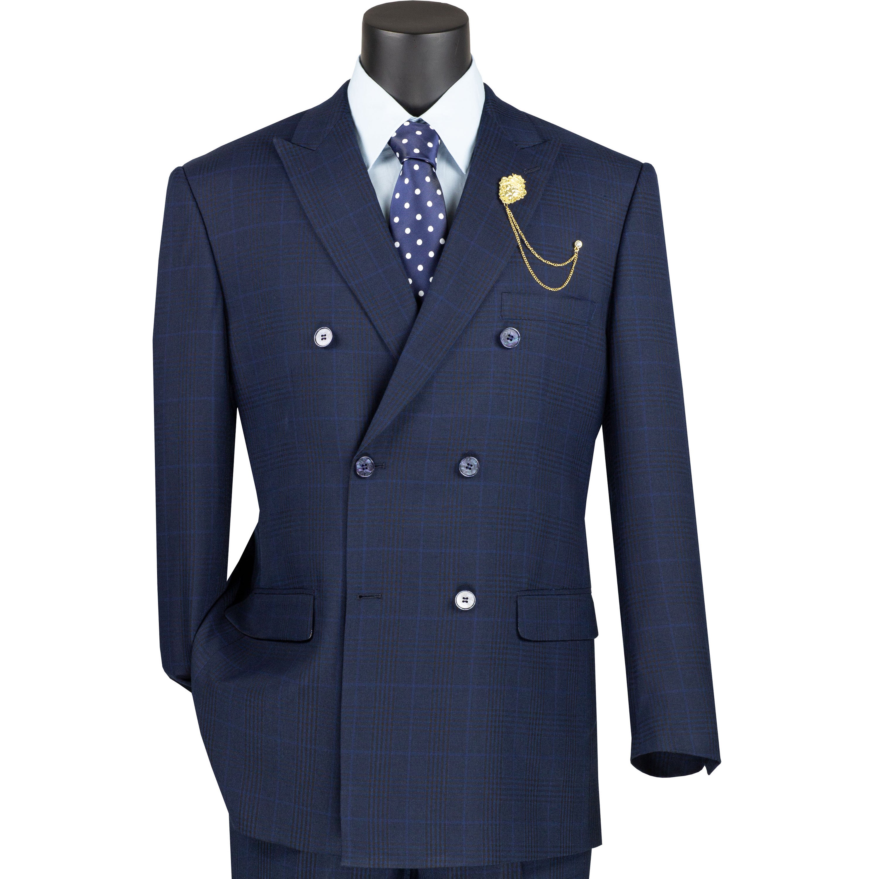 VINCI Herren dunkelblau Glen Plaid Zweireiher 6-Knopf klassischer Anzug - NEU - Bild 94 von 105