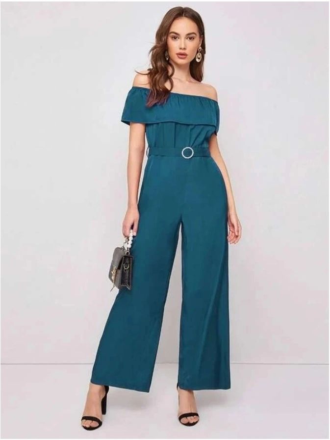 Off The Shoulder Belted Culottes Jumpsuit - Picture 7 of 9