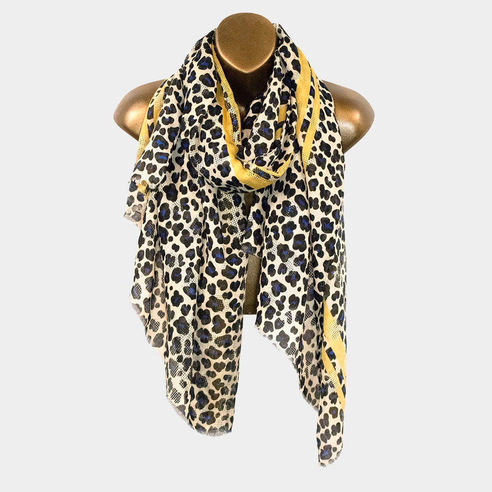 Bufanda negra, azul, rosa, gris patrón leopardo con tira y bordes deshilachados - Imagen 2 de 4
