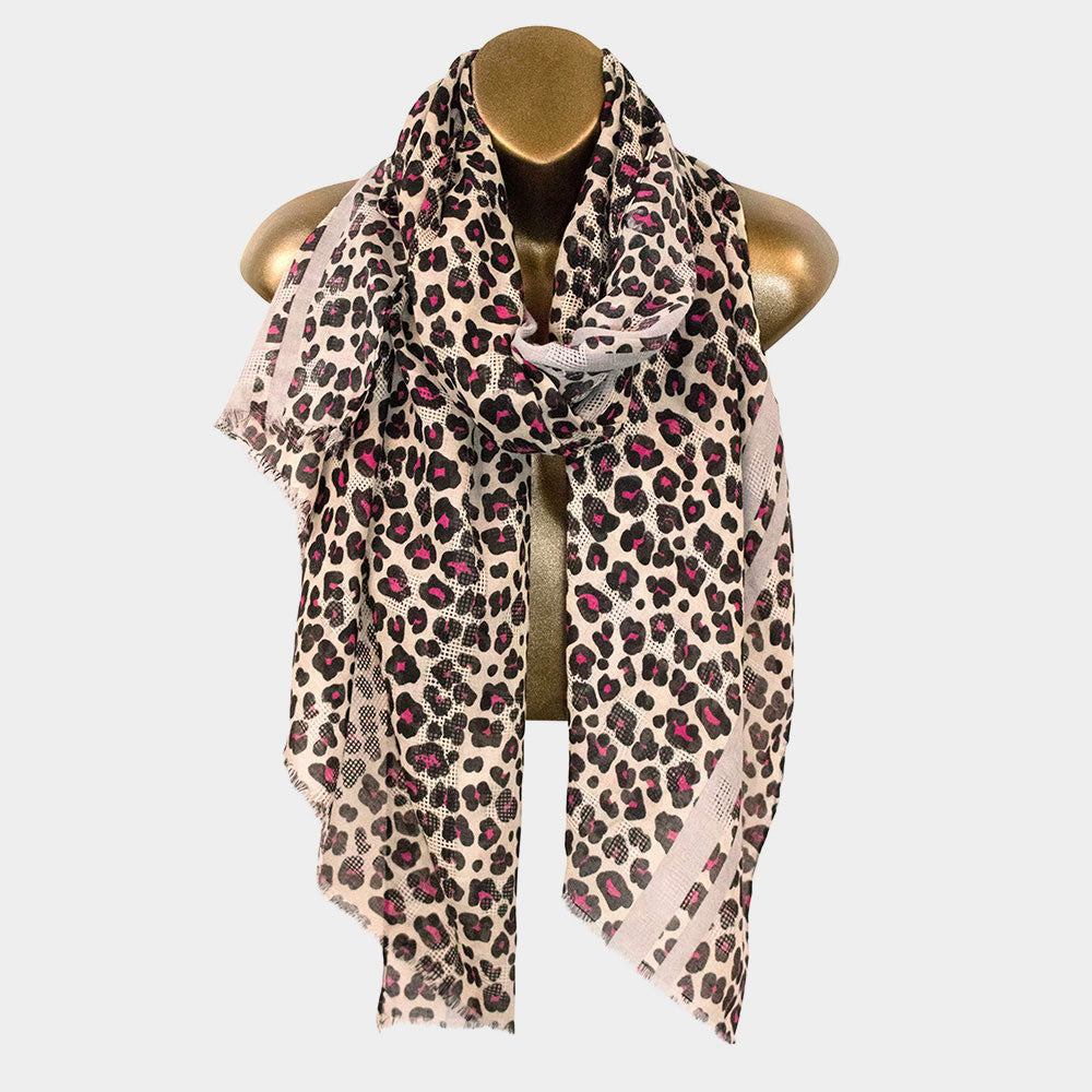 Bufanda negra, azul, rosa, gris patrón leopardo con tira y bordes deshilachados - Imagen 3 de 4