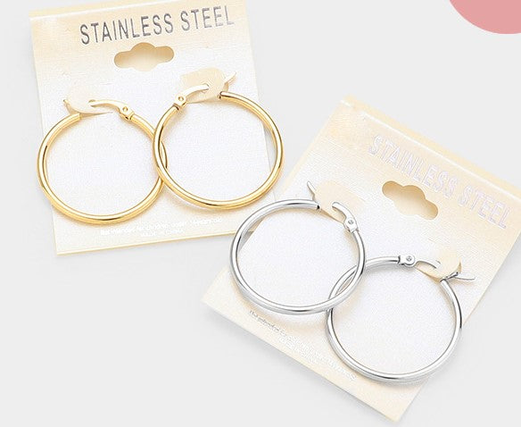 Stainless Steel 1 1/4" small pierced silver or gold hoop earrings - Bild 4 von 5
