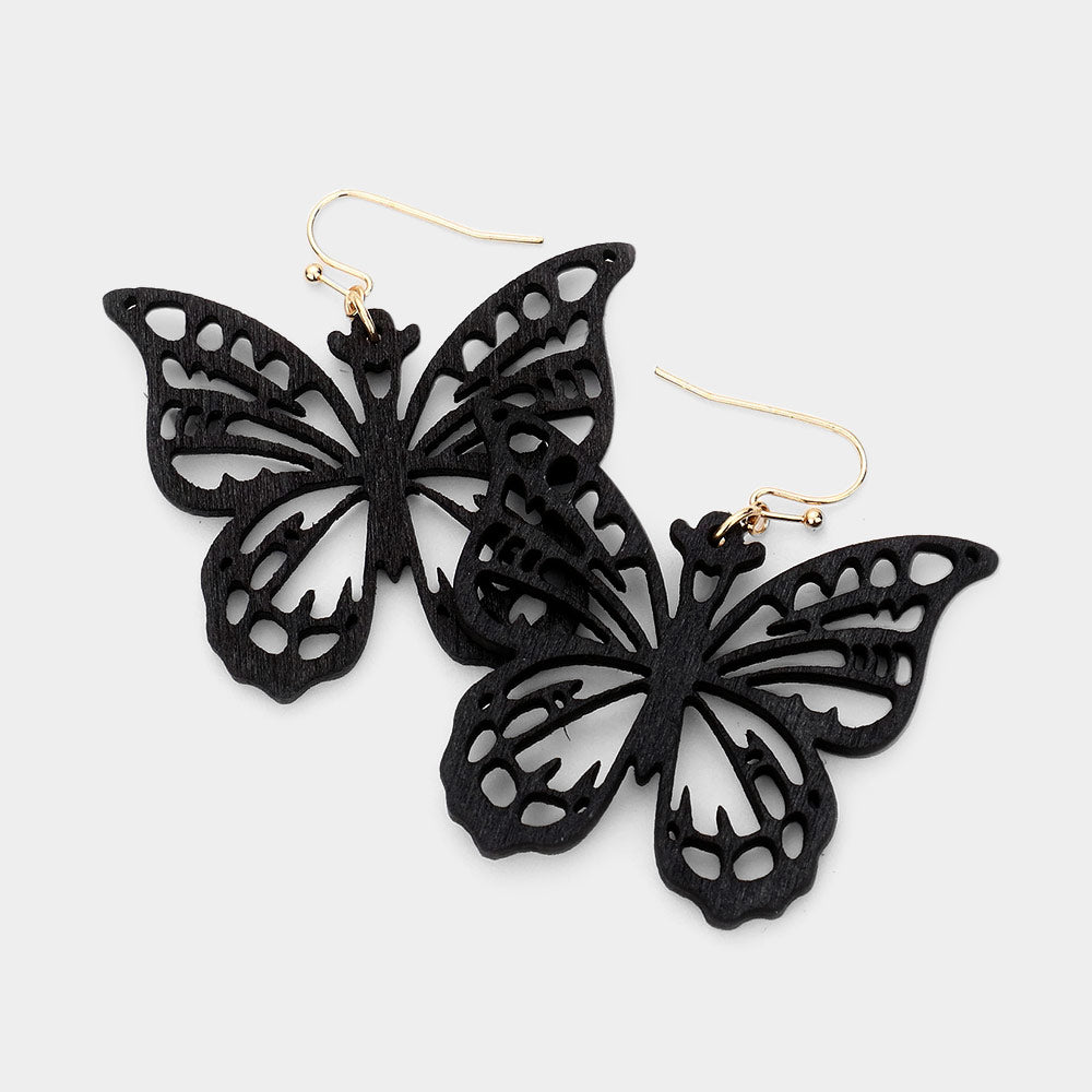 Pierced 2" gold black or brown cutout wood dangle butterfly - Picture 2 of 3