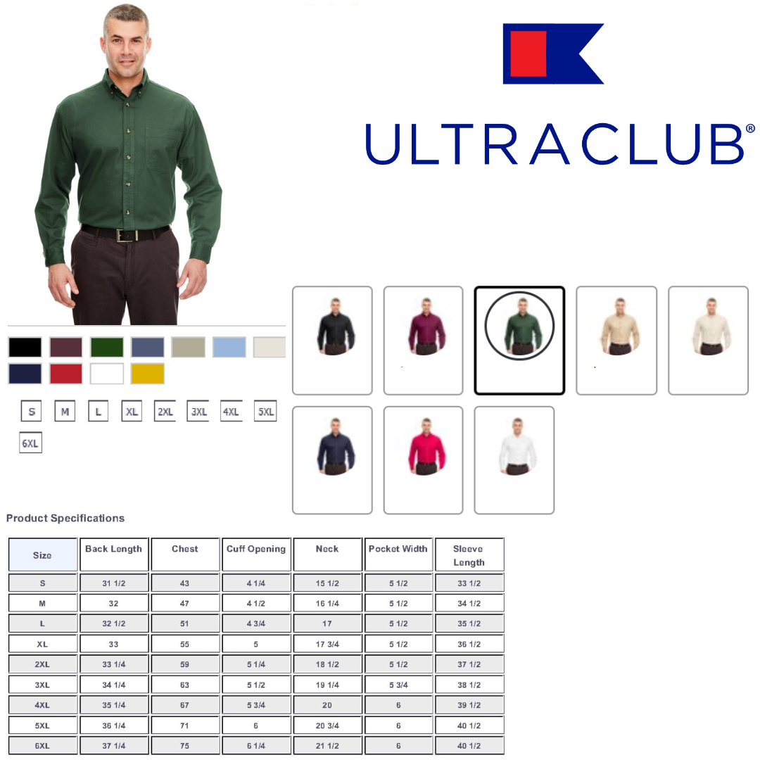 UltraClub Men's Cypress Long-Sleeve Twill Pocket 8960C - Picture 6 of 18