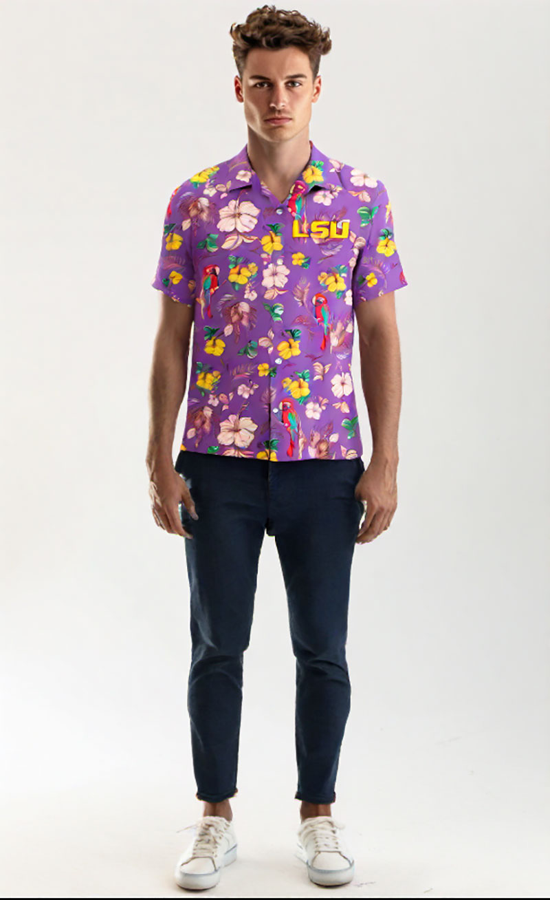 Wes and Willy Sports Fan College Team Tropical Parrot Button Up Hawaiian Shirt - Picture 19 of 43