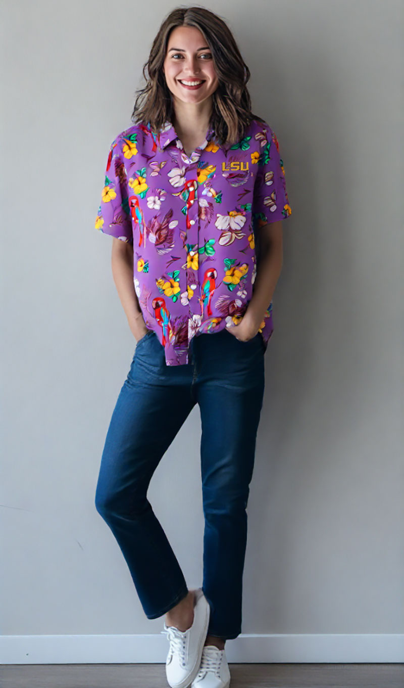 Wes and Willy Sports Fan College Team Tropical Parrot Button Up Hawaiian Shirt - Picture 21 of 43