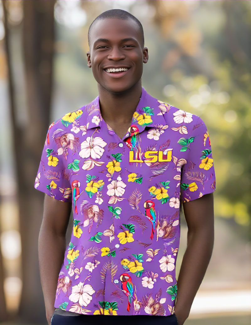 Wes and Willy Sports Fan College Team Tropical Parrot Button Up Hawaiian Shirt - Picture 18 of 43