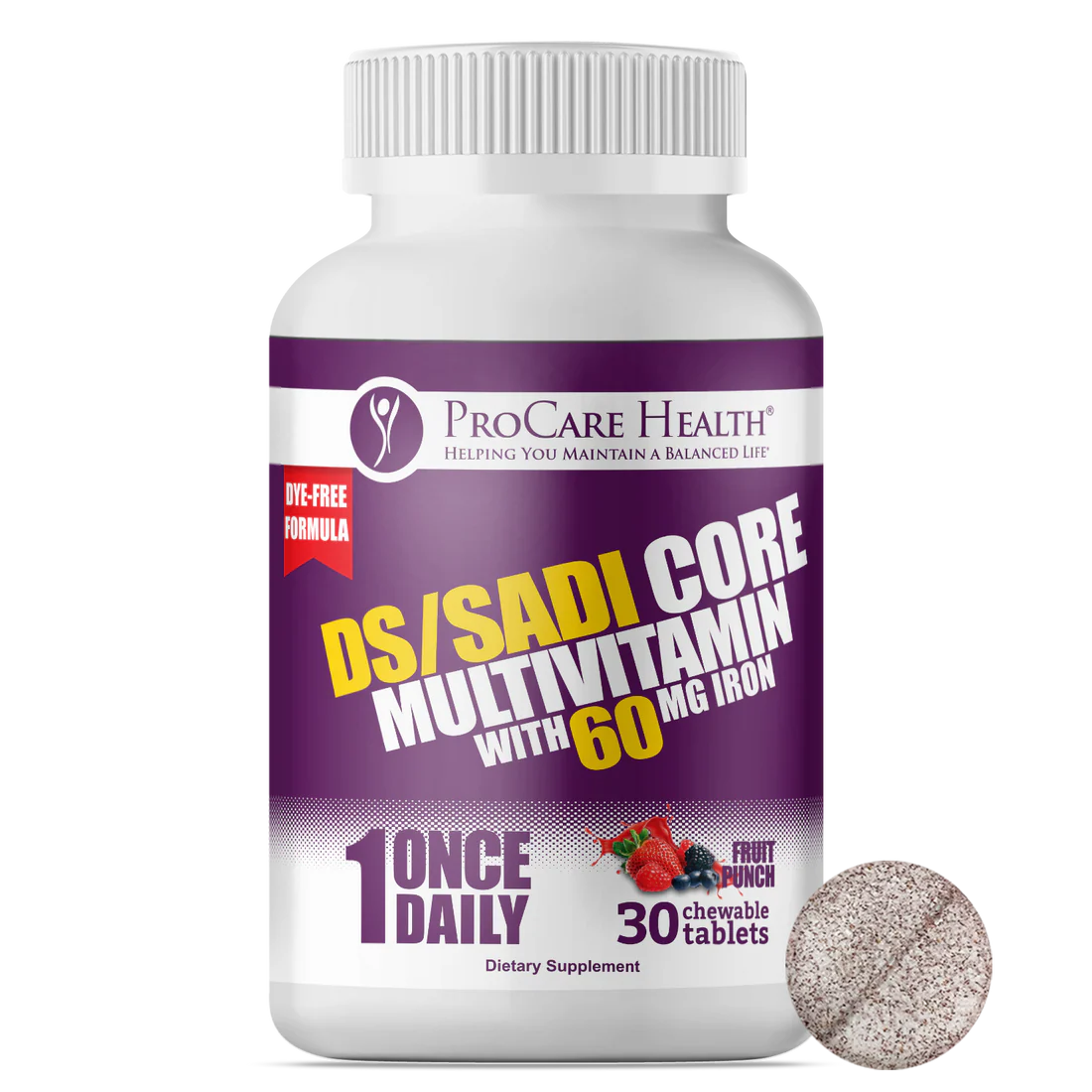 ProCare Health DS/SADI Core Chewable Multivitamin with 60mg Iron – Fruit Punch
