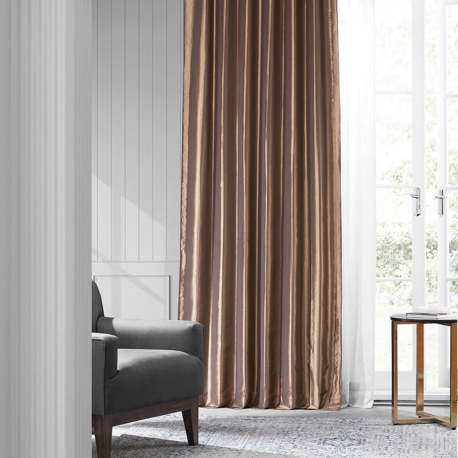 Eff Copper Brown Faux Silk Taffeta Curtain PanelBrownSize 50 x 120